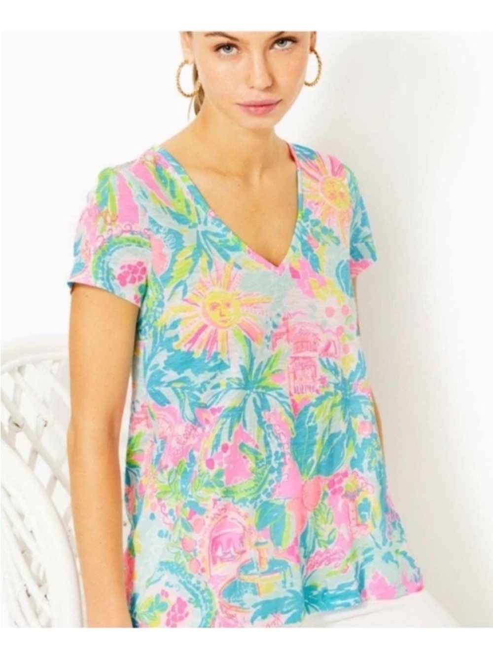 Lilly Pulitzer Florida Sunshine State Of Mind Etta V Neck Top Medium Cotton RARE